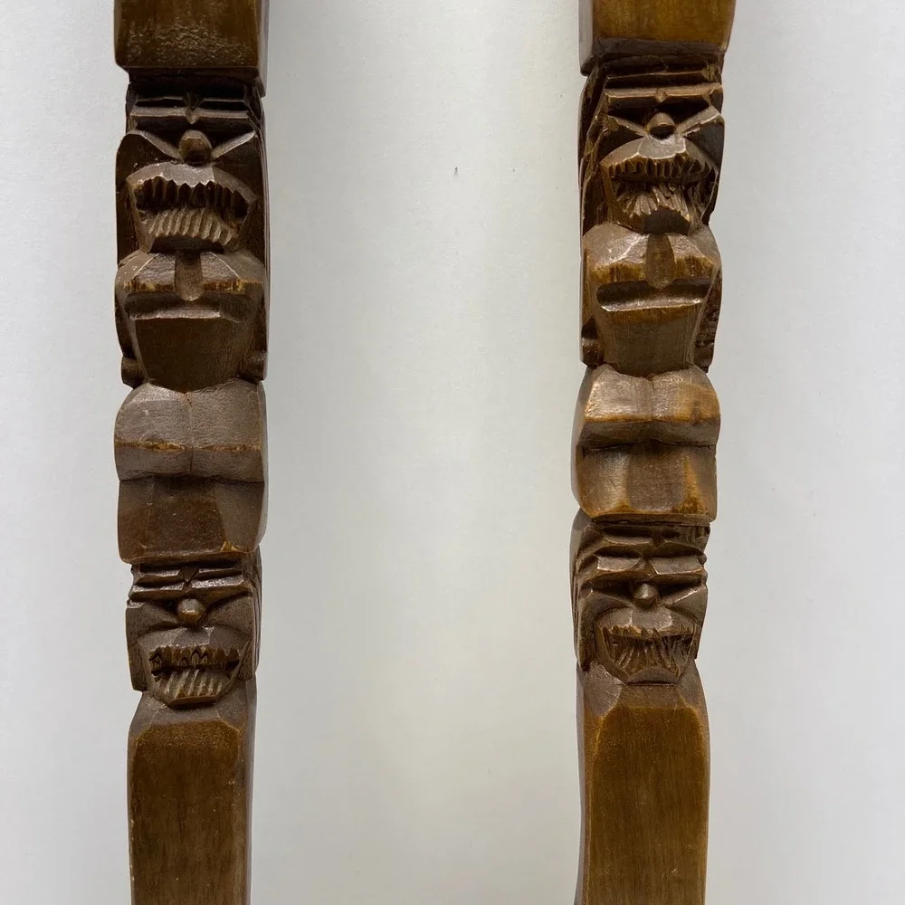 Vintage Hand Carved Wooden Tiki Totem Spoon and Fork Wall Decor Set 21 Inch MCM